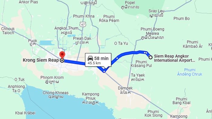 Khoảng cách từ sân bay Sieam Reap-Angkor về trung tâm Siem Reap là bao nhiêu?
