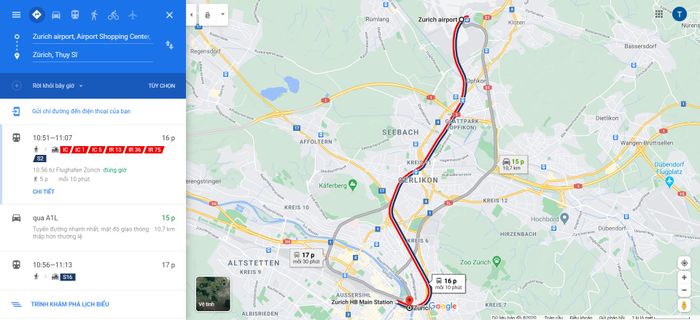 Thời gian di chuyển từ sân bay Zurich đến trung tâm thành phố