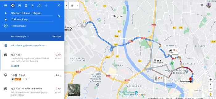 Thời gian di chuyển từ sân bay Toulouse đến thành phố Toulouse.