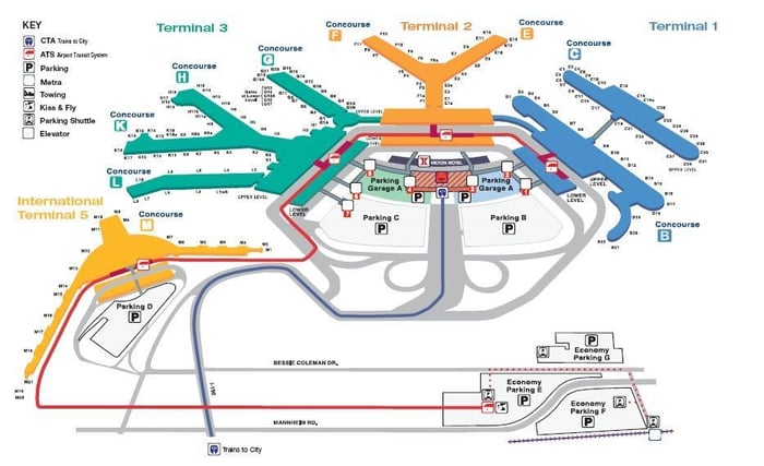 Bản đồ tổng quan các nhà ga khách tại Sân bay Quốc tế Chicago O'Hare