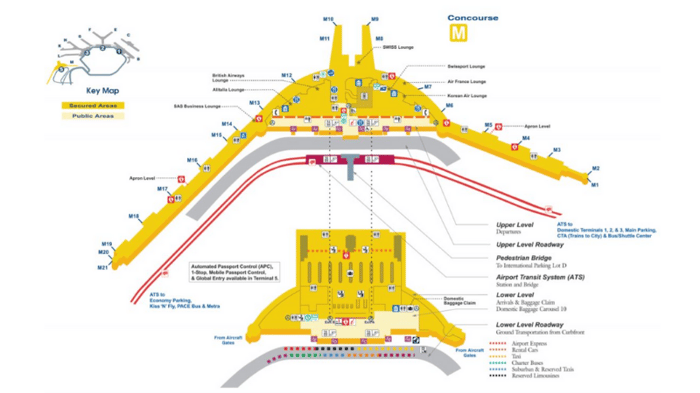 Dưới đây là sơ đồ của Nhà ga Quốc tế T5 tại sân bay quốc tế Chicago O'Hare.