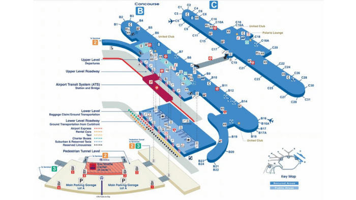 Bản đồ của ga nội địa T1 tại sân bay quốc tế O'Hare
