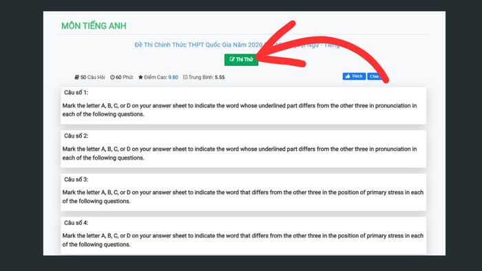 Hướng dẫn làm bài thi thử trên trang web Thi thử online 5