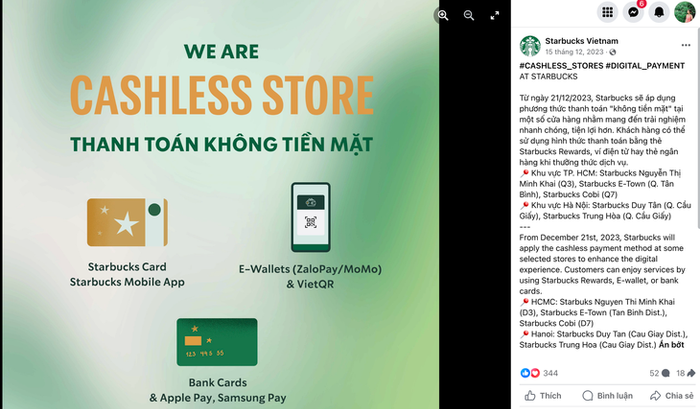 Starbucks cho biết, việc thực hiện thanh toán hoàn toàn không tiền mặt sẽ mang lại trải nghiệm mua sắm nhanh chóng và tiện lợi hơn cho khách hàng - Ảnh: Chụp màn hình