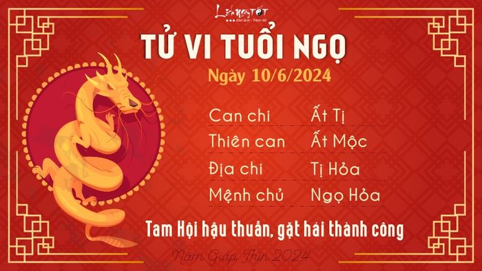 Tử vi hàng ngày cho tuổi Ngọ ngày hôm nay 10/6/2024 nhấn mạnh vào khả năng phát triển và thành công trong công việc, nhờ vào nỗ lực và kiên nhẫn của bạn.