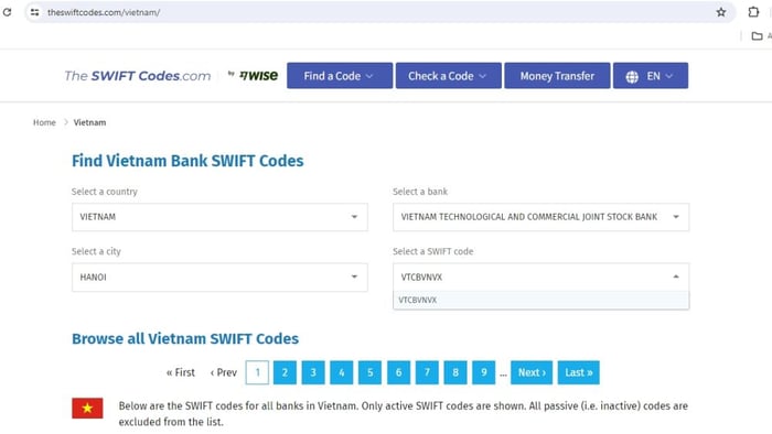 Bước 4 trong việc tra cứu Swift code của Techcombank