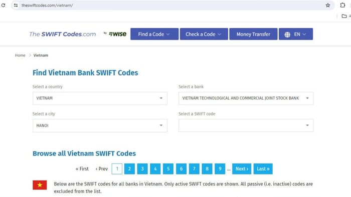 Cách tra cứu Swift code Techcombank - Bước 3