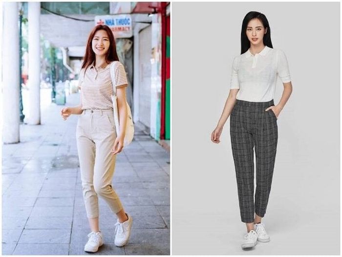 Muốn tỏa sáng và trẻ trung hơn, các bạn nữ có thể kết hợp áo polo với quần baggy. Đồng hành cùng set đồ này là đôi giày thể thao để tạo thêm nét phóng khoáng và thoải mái.