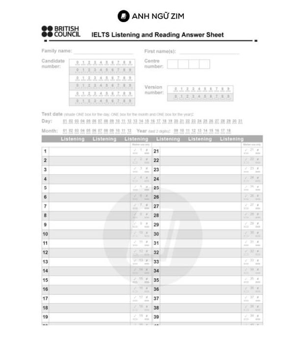 Bảng trả lời IELTS Listening