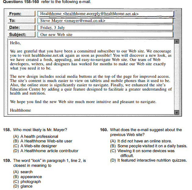 Câu hỏi 158-160 trong đề thi TOEIC Reading của ETS năm 2021