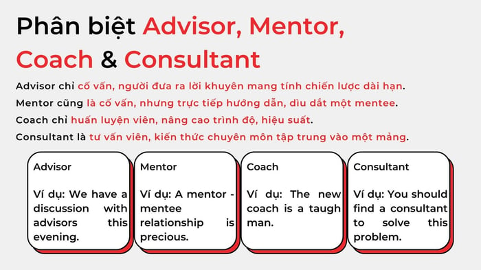 distinguish advisor mentor coach and consultant in English