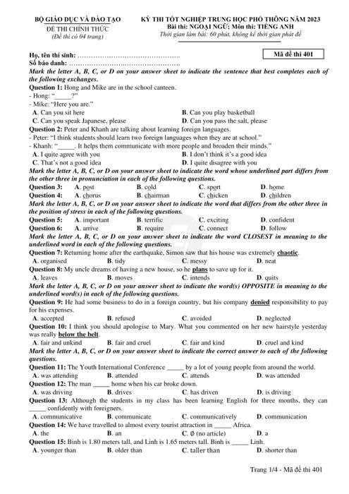 2023 National High School English Exam Questions 1-15