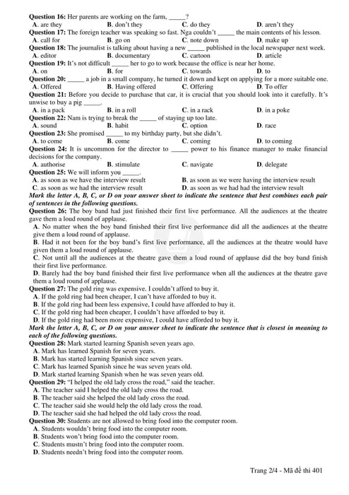 2023 National High School English Exam Questions 16-30