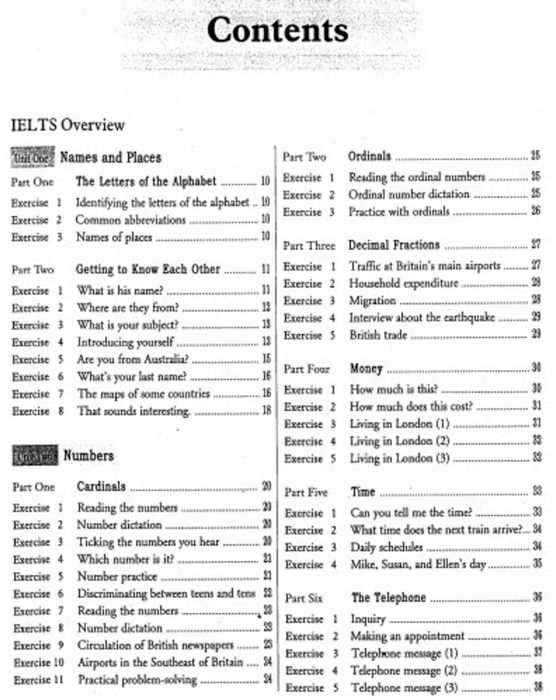 Table of contents of Basic IELTS Listening book