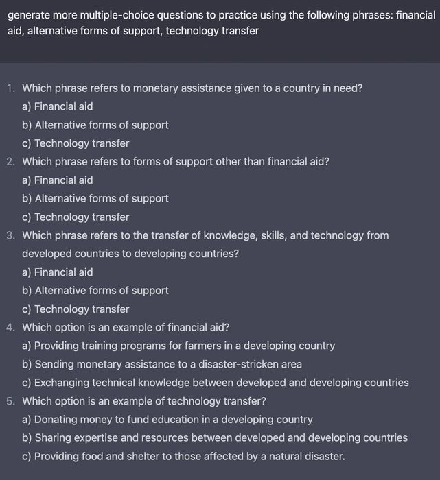 generate more multiple-choice questions for practicing the usage of the provided phrases
