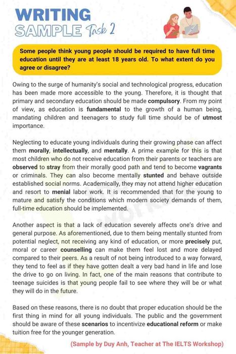 Some individuals believe that young people should be mandated to undergo full-time education IELTS Writing Task 2