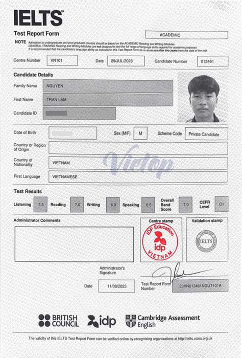 Bảng điểm của Nguyễn Trần Lâm