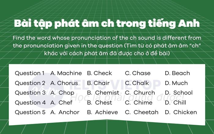 Bài tập thực hành phát âm ch trong tiếng Anh