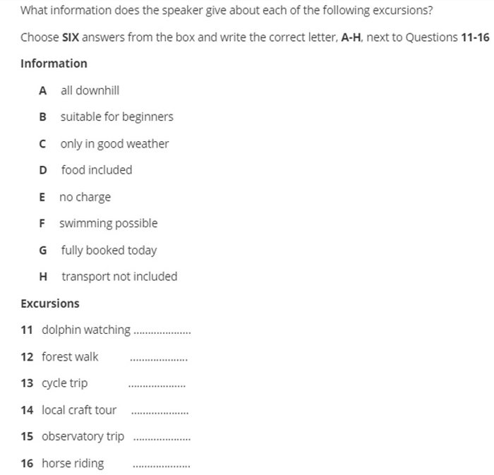 Ví dụ về dạng bài Matching và phân loại trong IELTS Listening Part 2