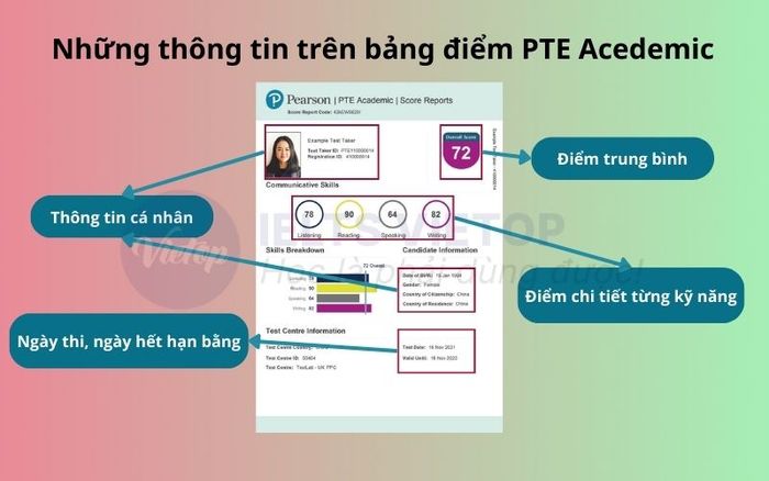 Thông tin chi tiết trên bảng điểm PTE Academic