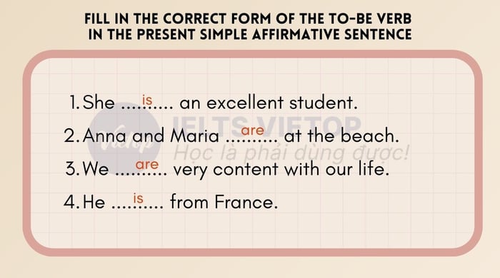 Adjust the correct form of the verb to-be in the present simple affirmative sentence