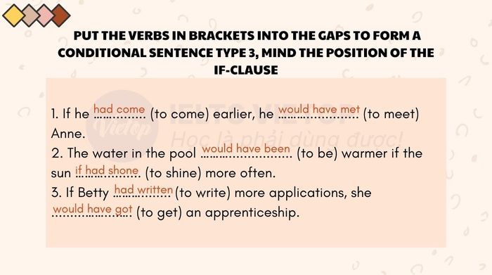 Fill the gaps with verbs in brackets to form type 3 conditional sentences, minding the position of the if-clause