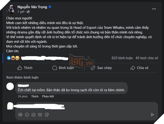 LMHT: Trong Cuộc Bão Drama, Trưởng Nhóm Esports Team Whale Bày Tỏ Quyết Định Rời Bỏ