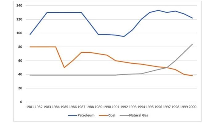 The line graph depicts the production levels of primary fuels in a European country between 1981 and 2000.