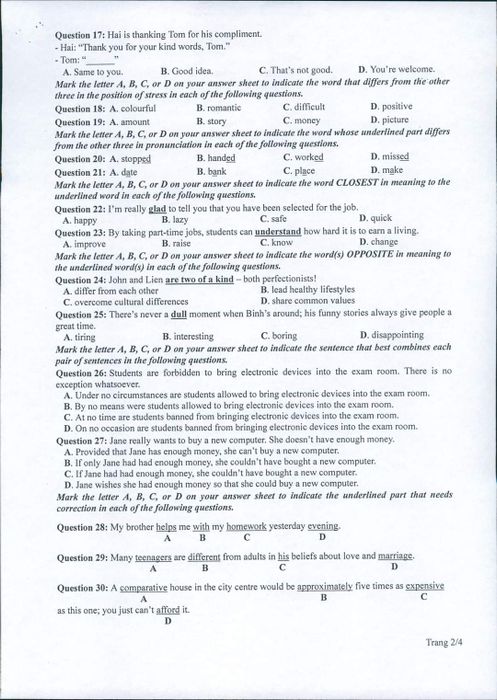 Đề minh họa kỳ thi THPT quốc gia môn tiếng Anh