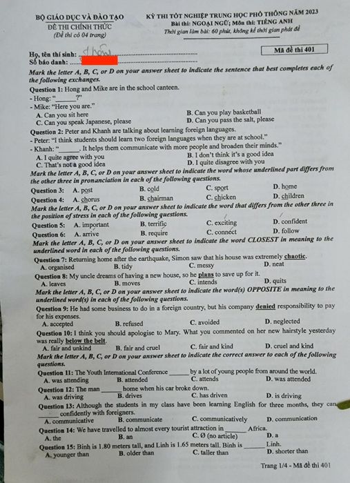 Hướng dẫn chi tiết giải đề Tiếng Anh THPT quốc gia 2023 từ câu 1 đến câu 15