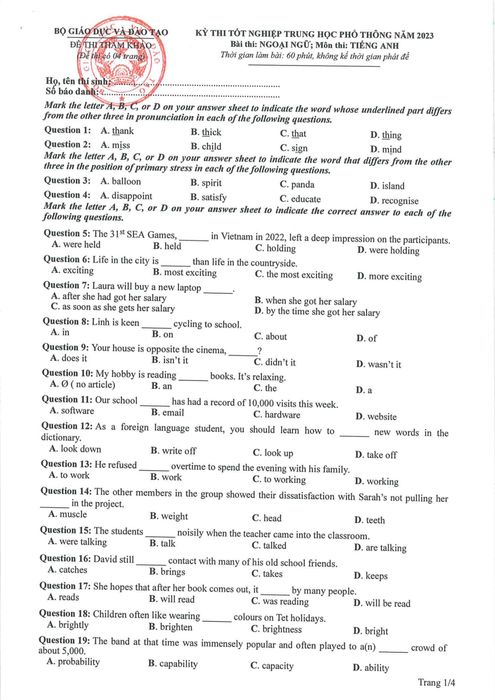Bài thi minh họa môn Tiếng Anh THPT Quốc gia 2023 (Trang 1/4)
