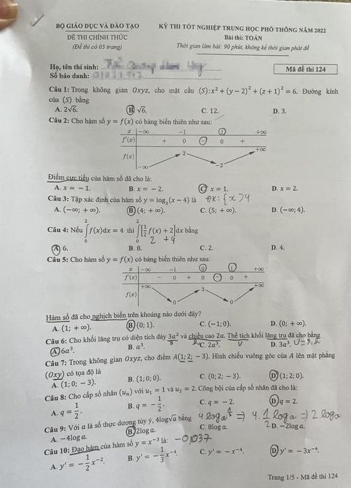 Trang 1/5 - Mã đề 124 - Đề thi THPT quốc gia mô tả