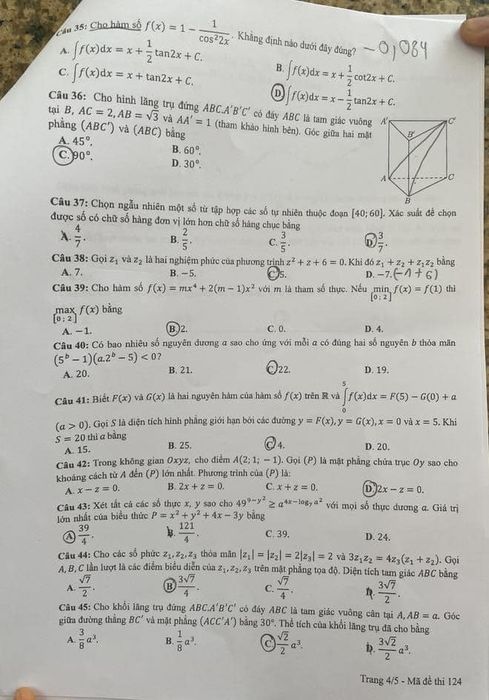 Trang 4/5 - Mã đề 124 - Đề thi THPT quốc gia môn Toán 2022