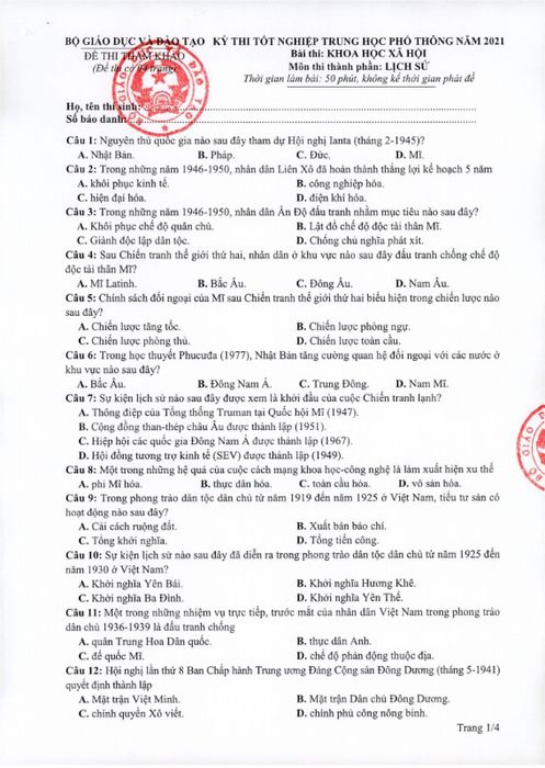 Đề thi và Đáp án môn Khoa học Xã hội (Sử, Địa, GDCD) THPT Quốc gia 2021