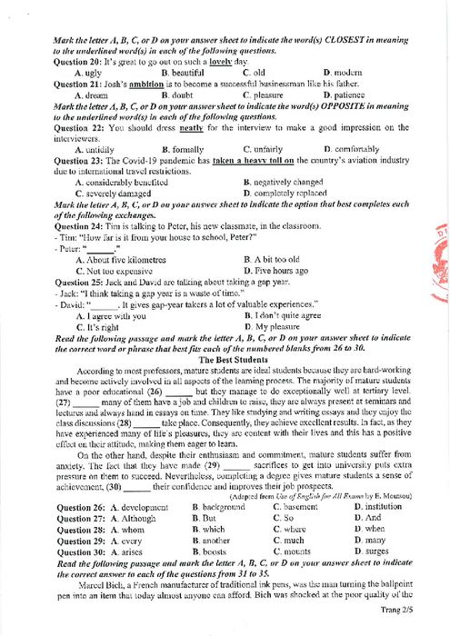 Đề thi mẫu THPT Quốc gia 2021 môn Tiếng Anh
