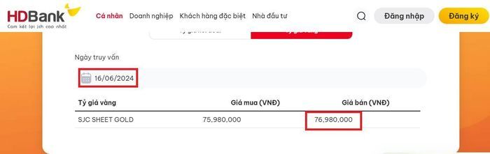 Giá bán vàng miếng SJC tại HDBank đột ngột giảm 5,02 triệu đồng/lượng theo thông báo trên website ngày 16/6. Ảnh chụp màn hình.