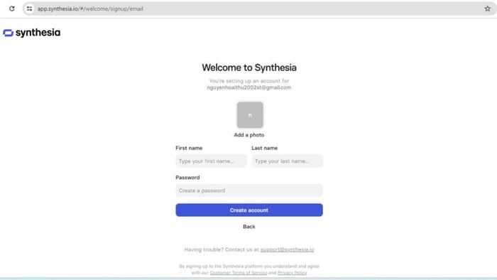 Hướng dẫn đăng ký tài khoản Synthesia AI bước 2