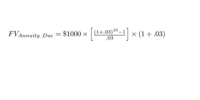 FV(Annuity Due) = $1000 x [((1.03^10 -1)/.03) x (1+.03)