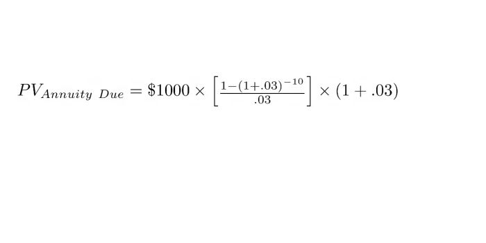 PV(Annuity Due) = $1000 x [((1-1.03^-10)/.03) x (1.03)