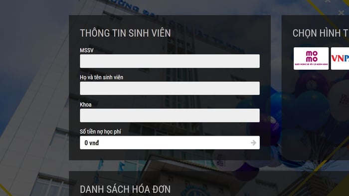 Phương thức thanh toán học phí tại Đại học Luật TP.HCM - Bước 1