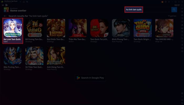 Mở Game Center trên BlueStacks và tìm kiếm “Hư Linh Tam Quốc”. Nhấn vào kết quả tìm kiếm để bắt đầu cài đặt game.