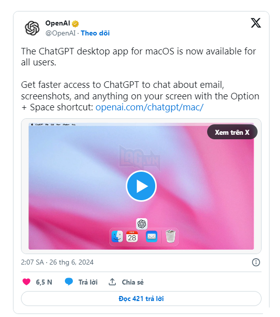 OpenAI ra mắt ứng dụng  cho macOS cho người dùng