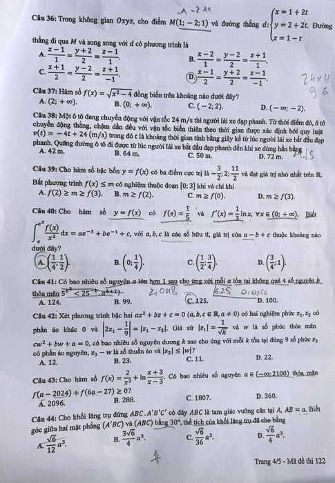 Đề thi toán THPT quốc gia 2024 mã đề 122 đã được phát hành