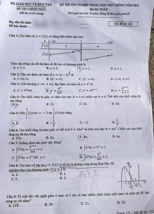 Đề thi môn Toán THPT Quốc gia 2024 chính thức, sử dụng mã đề 122