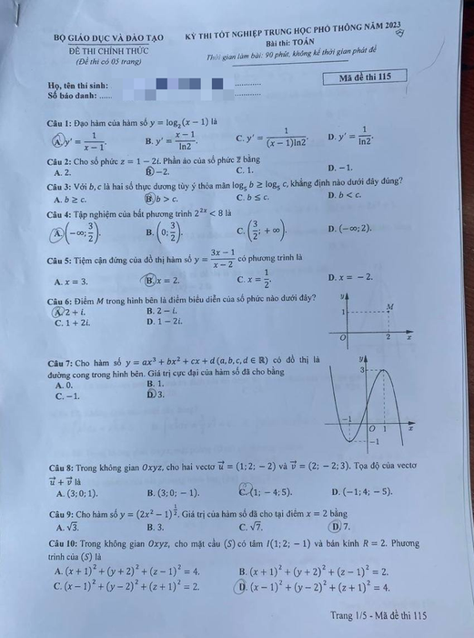 Đề thi môn Toán THPT quốc gia 2024 chính thức 1