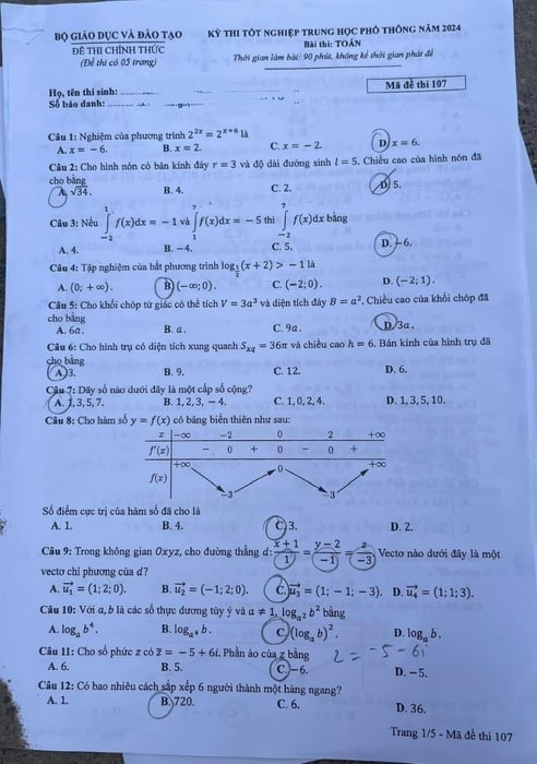 Đề thi môn Toán THPT quốc gia 2024 mã đề 107 1