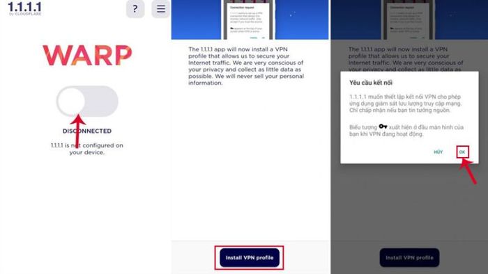 Bước 4: Bấm Install VPN Profile và chọn OK. Lần đầu sử dụng, ứng dụng yêu cầu quyền để thêm cấu hình VPN vào thiết bị. Các lần sau không cần yêu cầu này nữa. Sau khi bật VPN của Cloudflare, kiểm tra tốc độ kết nối Internet.
