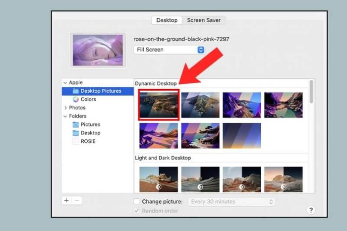 <span style='font-weight: 400;'>– Bước 3: Chọn “Desktop Pictures” để sử dụng hình nền tĩnh mặc định. Hoặc chọn “Dynamic Desktop” để sử dụng hình nền động thay đổi theo thời gian.</span>