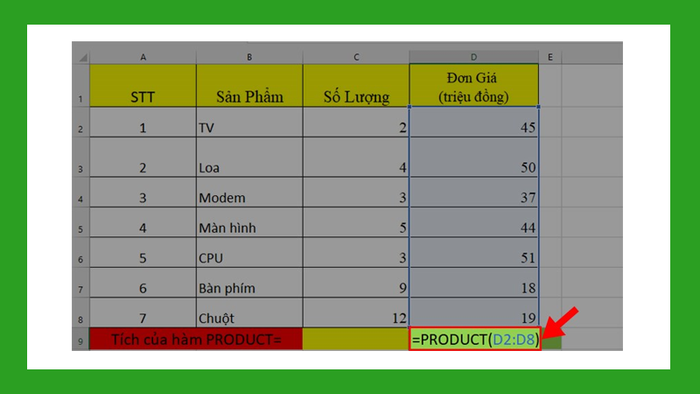 Ví dụ: Nhân từng cột trong Excel