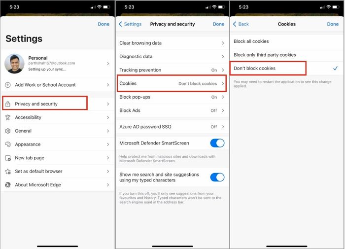 Cách kích hoạt cookie trên Microsoft Edge trên iPhone